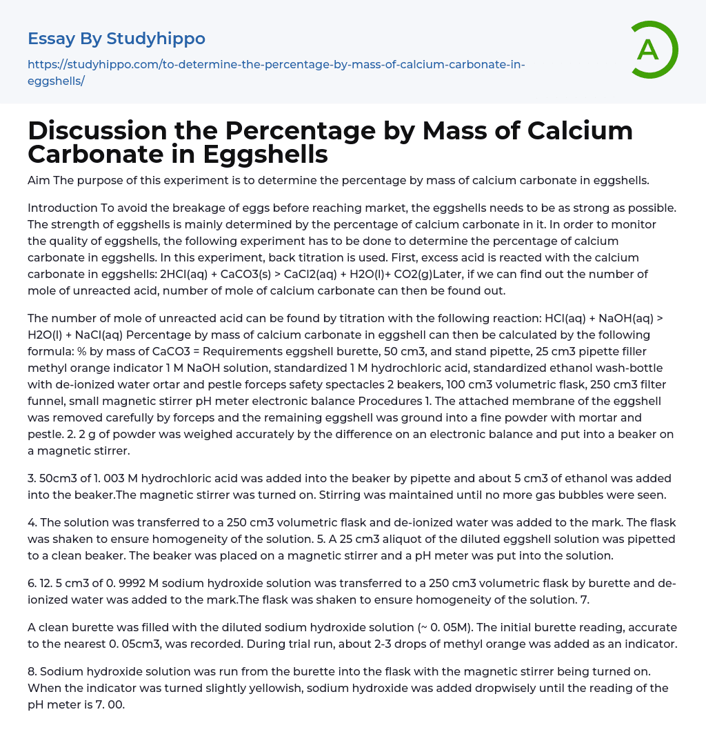 Discussion the Percentage by Mass of Calcium Carbonate in Eggshells Essay Example