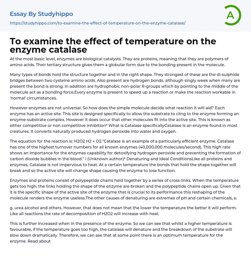 To examine the effect of temperature on the enzyme catalase Essay Example