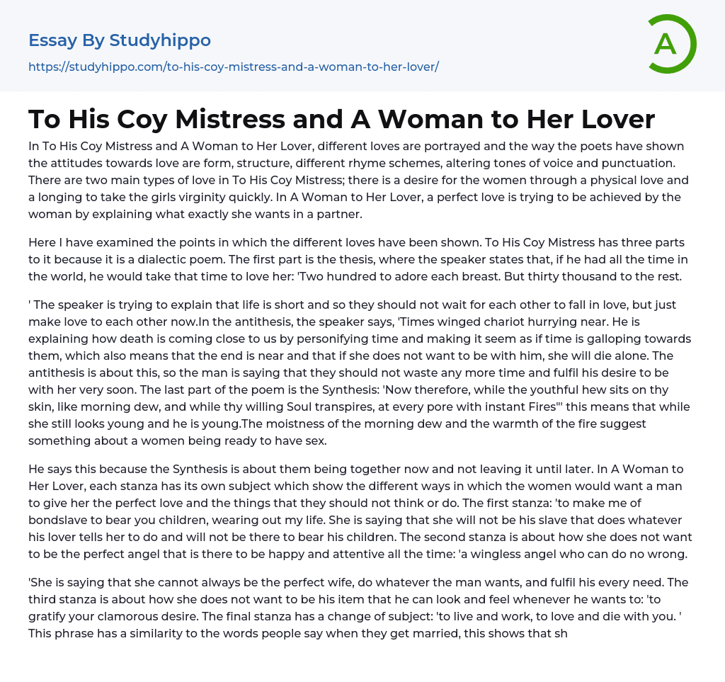To His Coy Mistress and A Woman to Her Lover Essay Example