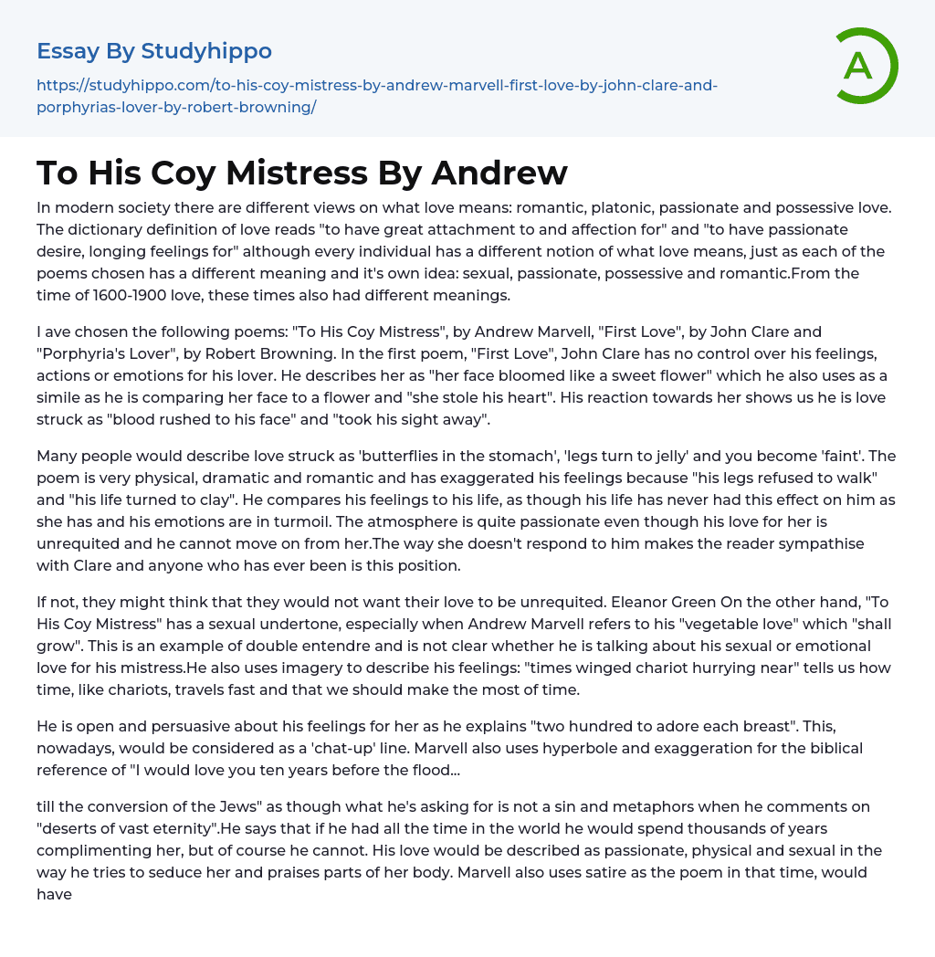 To His Coy Mistress By Andrew Essay Example