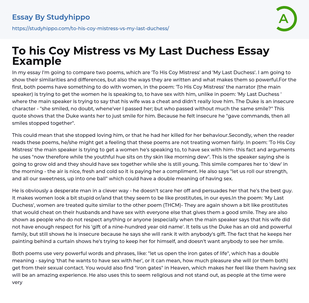 To his Coy Mistress vs My Last Duchess Essay Example