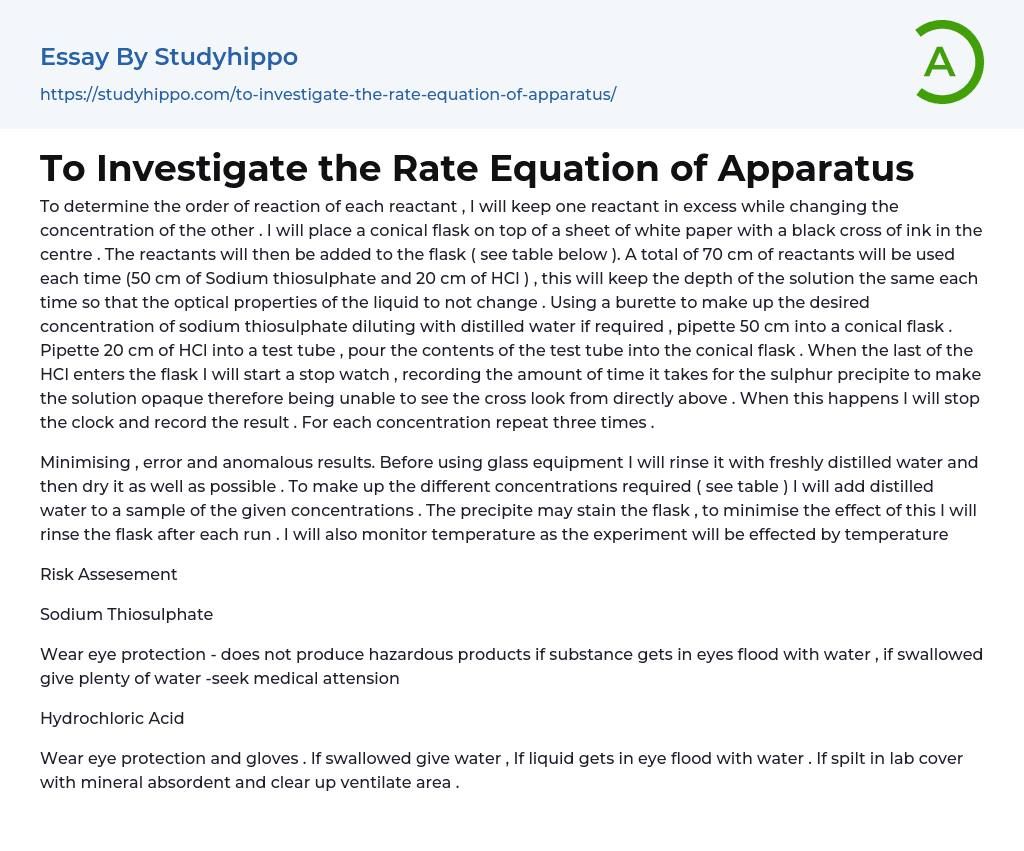 To Investigate the Rate Equation of Apparatus Essay Example
