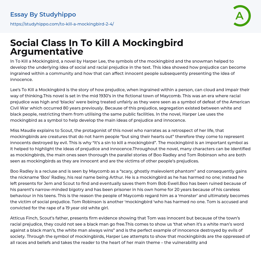 Social Class In To Kill A Mockingbird Argumentative Essay Example