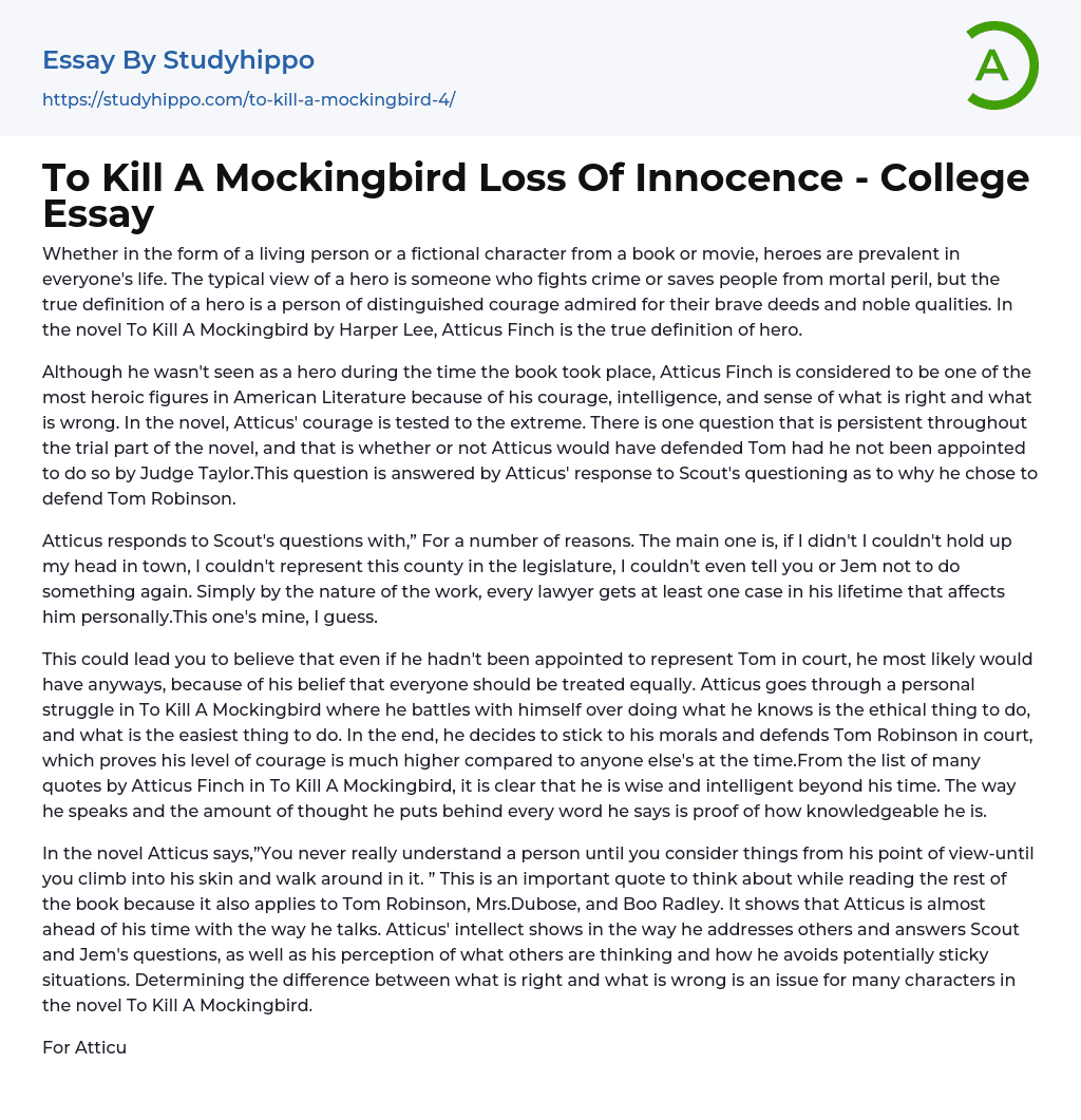 To Kill A Mockingbird Loss Of Innocence – College Essay
