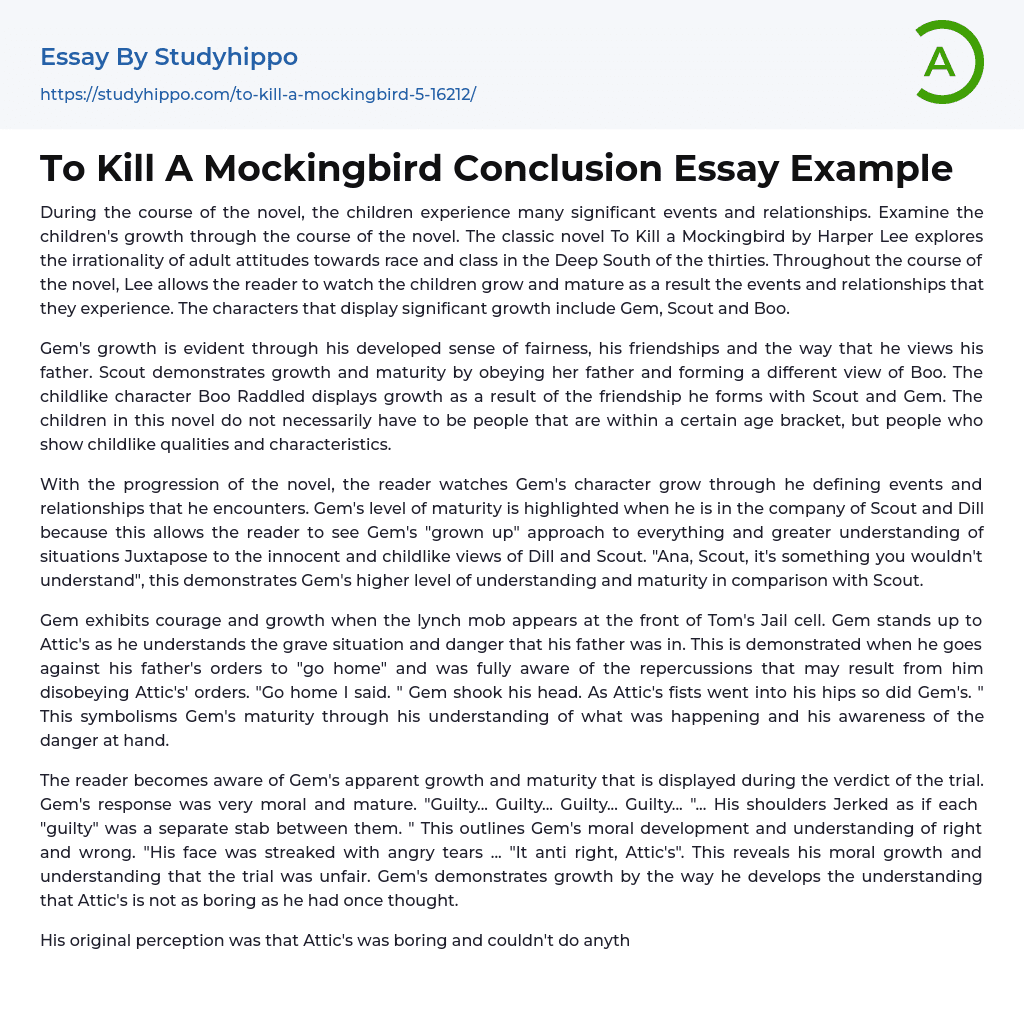 To Kill A Mockingbird Conclusion Essay Example