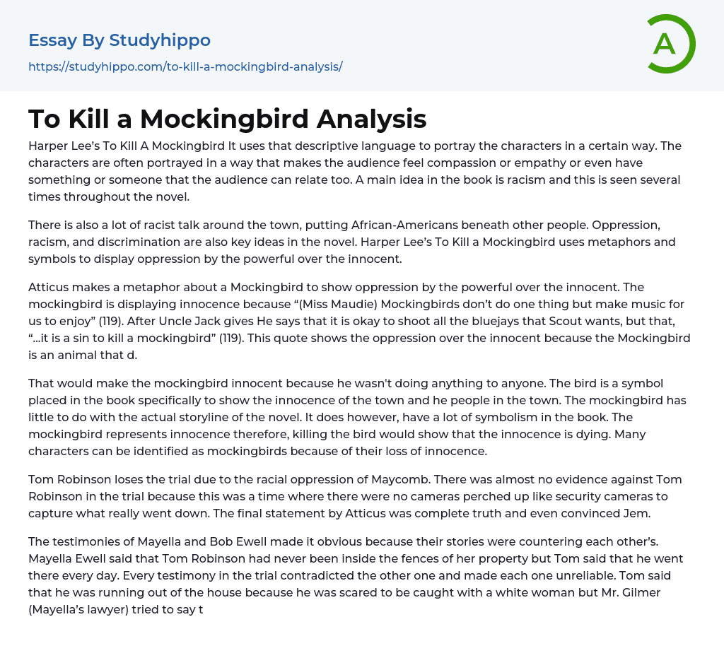 To Kill a Mockingbird Analysis Essay Example