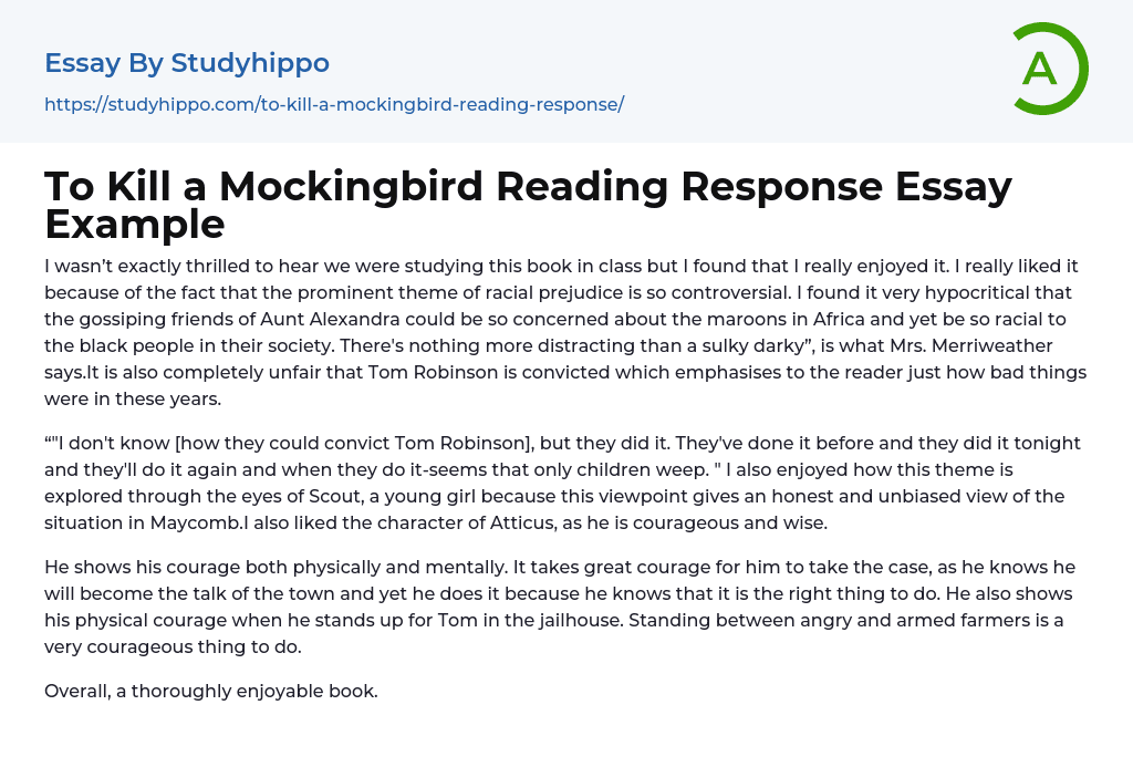 To Kill a Mockingbird Reading Response Essay Example