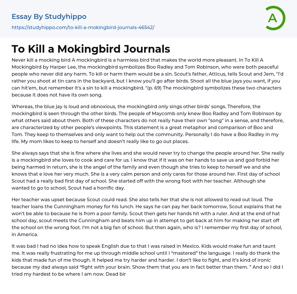 To Kill a Mokingbird Journals Essay Example