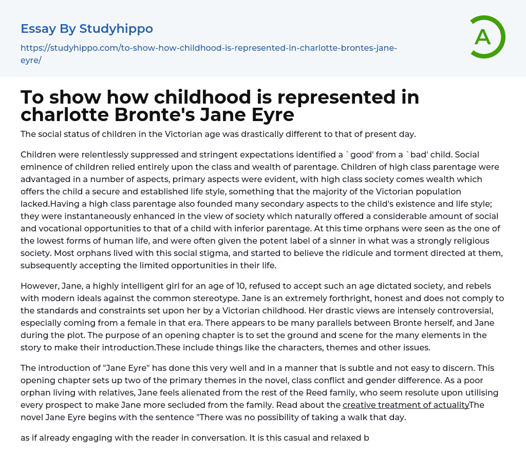 To show how childhood is represented in charlotte Bronte’s Jane Eyre Essay Example
