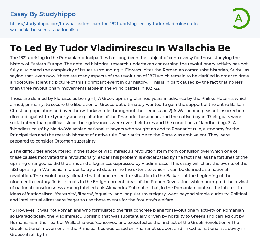 To Led By Tudor Vladimirescu In Wallachia Be Essay Example