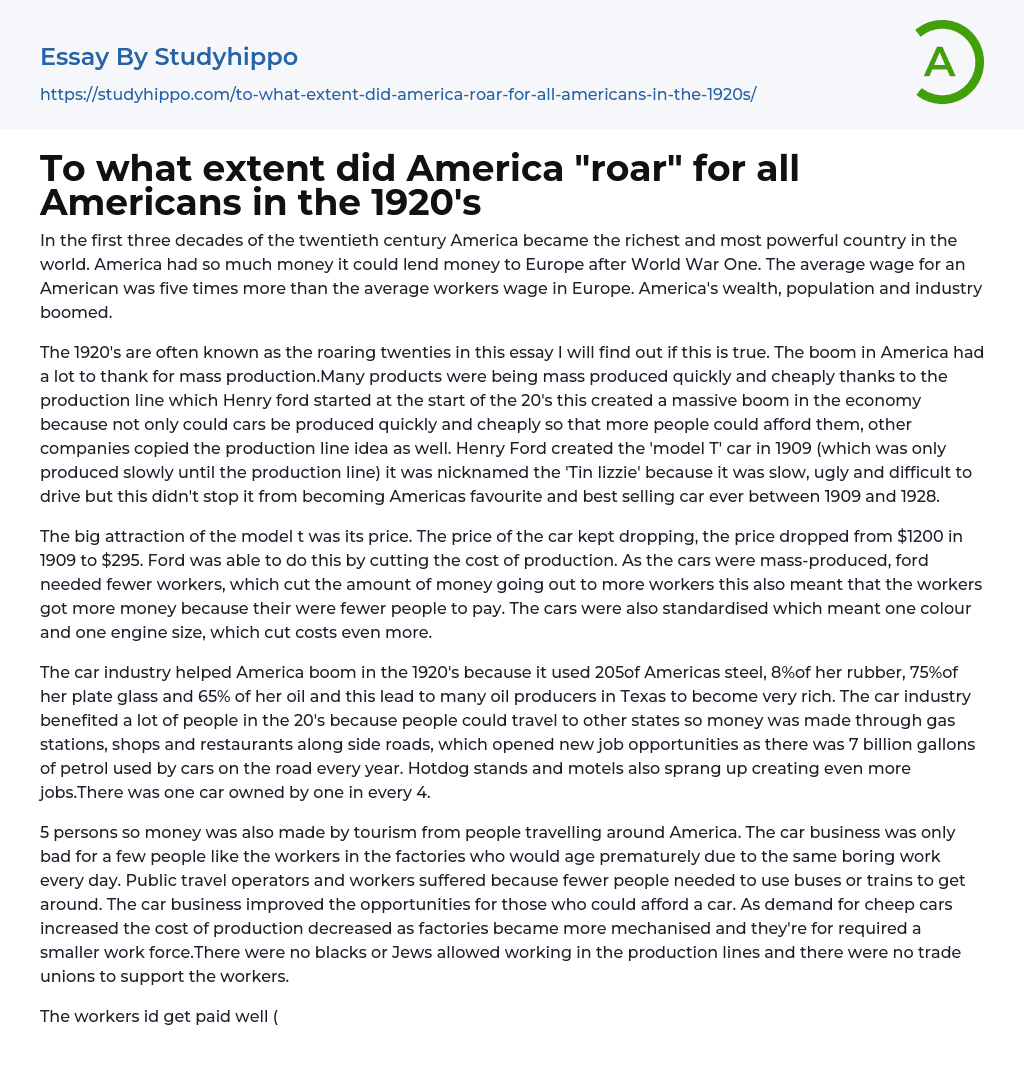 To what extent did America “roar” for all Americans in the 1920’s Essay Example