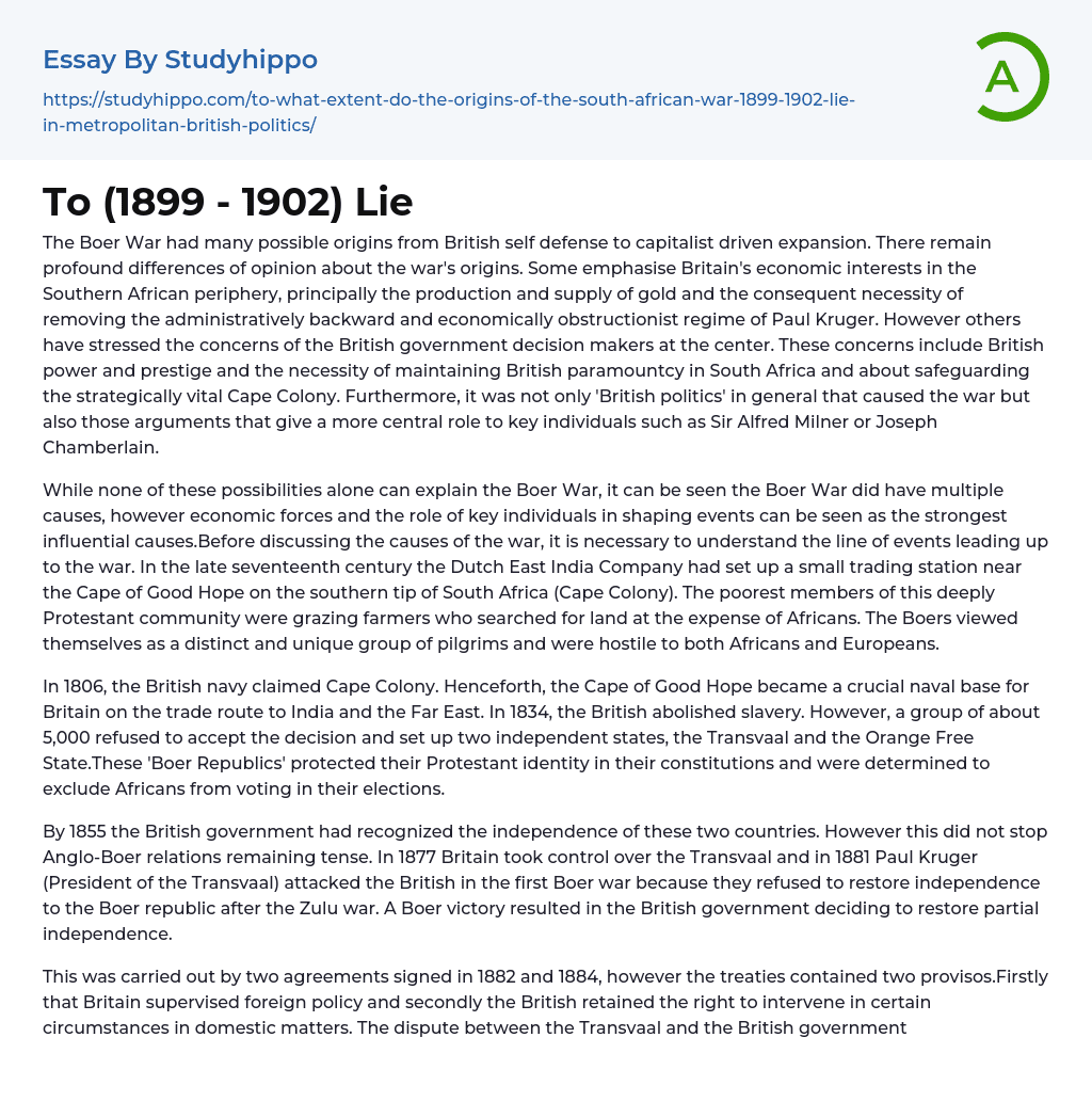 To (1899 – 1902) Lie Essay Example