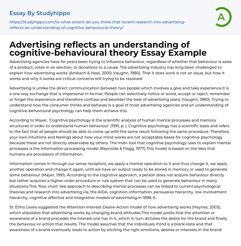 Advertising reflects an understanding of cognitive-behavioural theory Essay Example