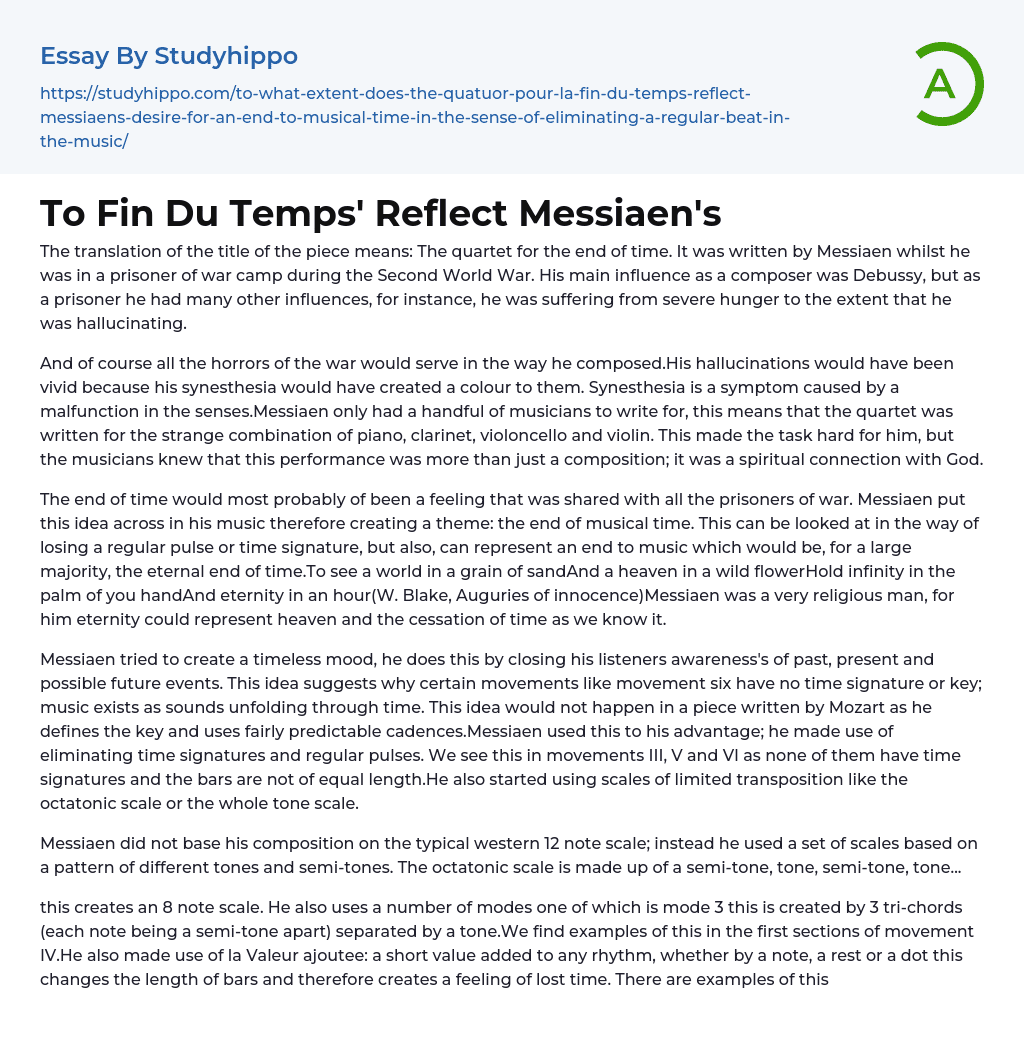 To Fin Du Temps’ Reflect Messiaen’s Essay Example