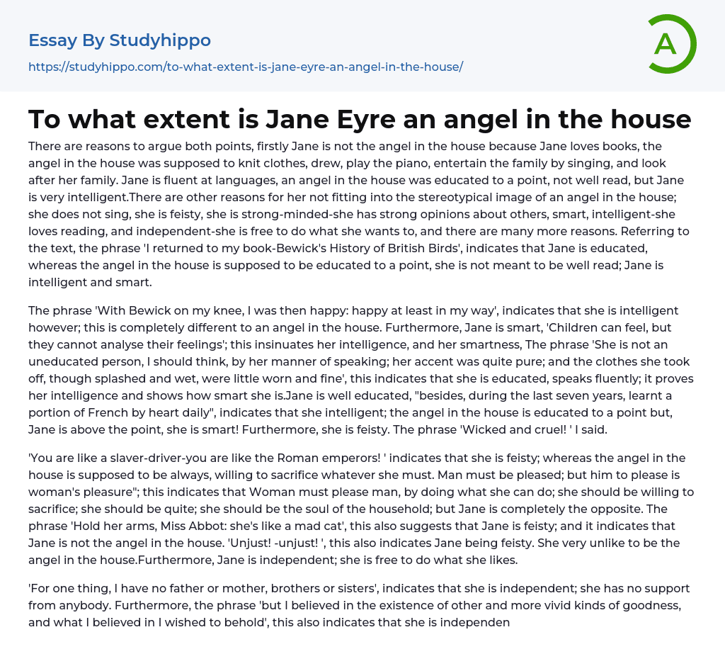 To what extent is Jane Eyre an angel in the house Essay Example