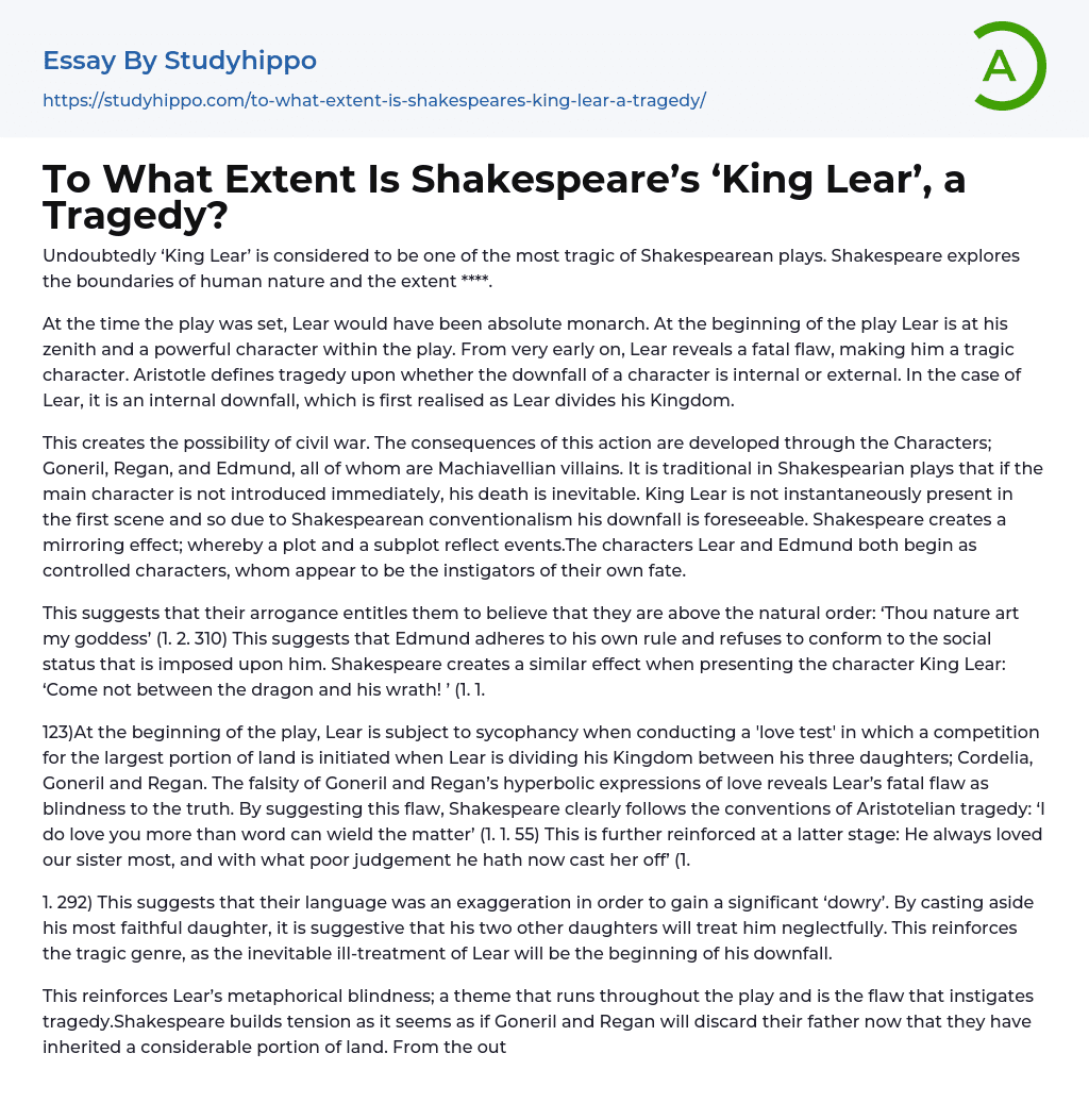 To What Extent Is Shakespeare’s ‘King Lear’, a Tragedy? Essay Example