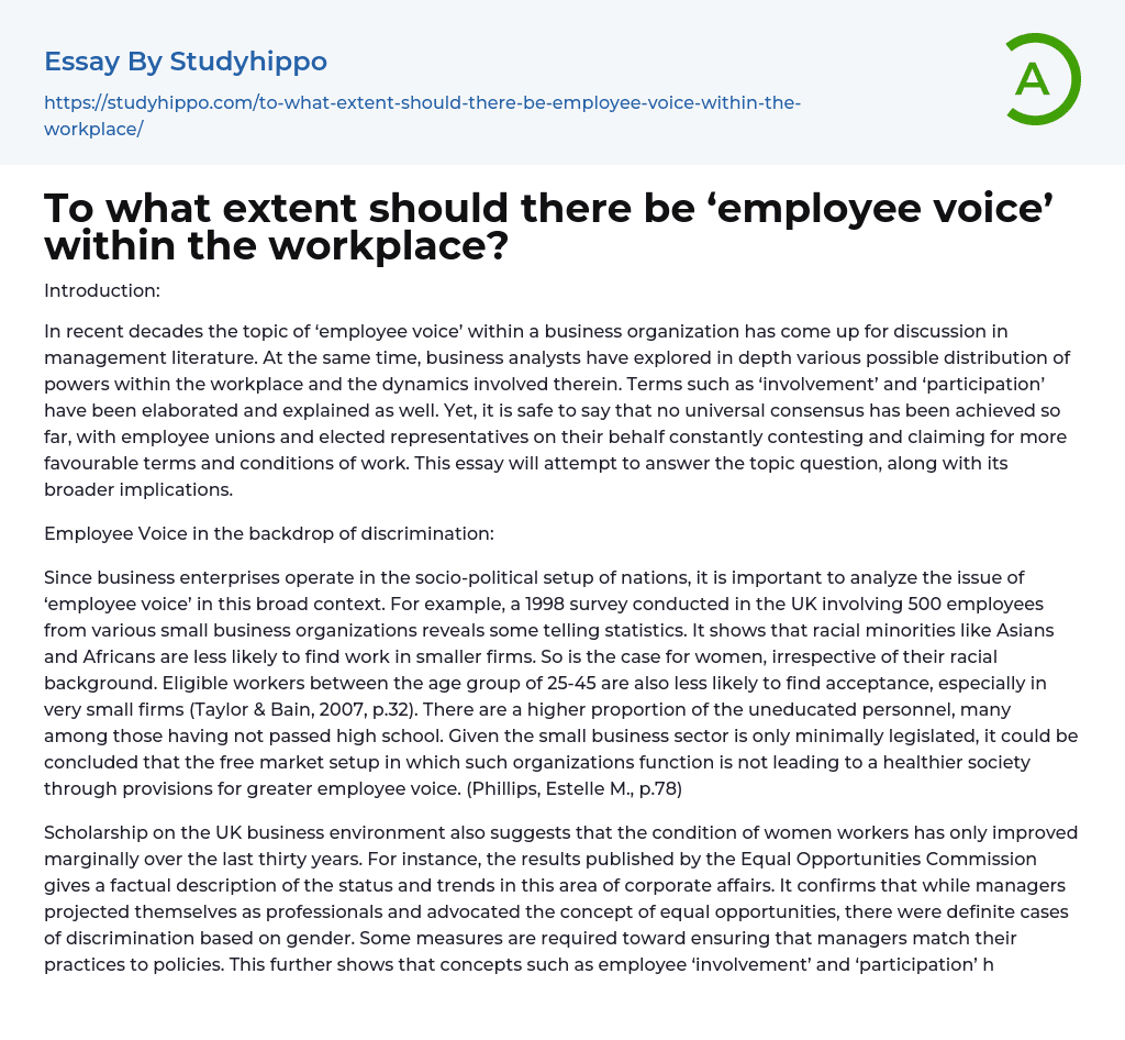 To what extent should there be ‘employee voice’ within the workplace? Essay Example