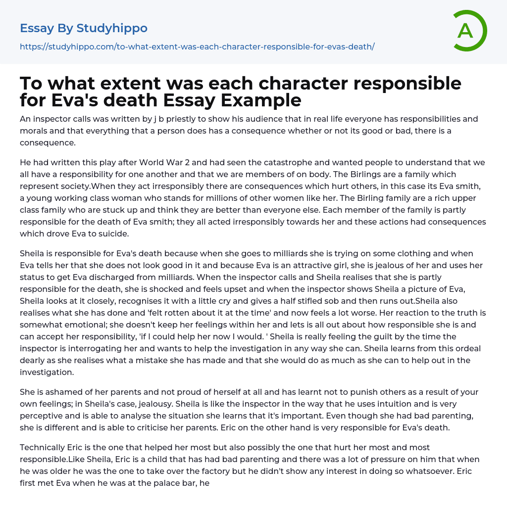 To what extent was each character responsible for Eva’s death Essay Example