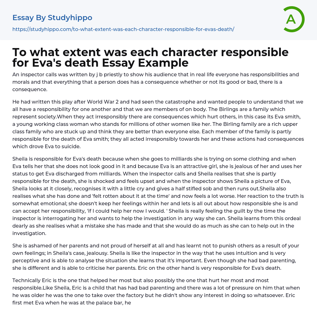 To What Extent Was Each Character Responsible For Eva s Death Essay 