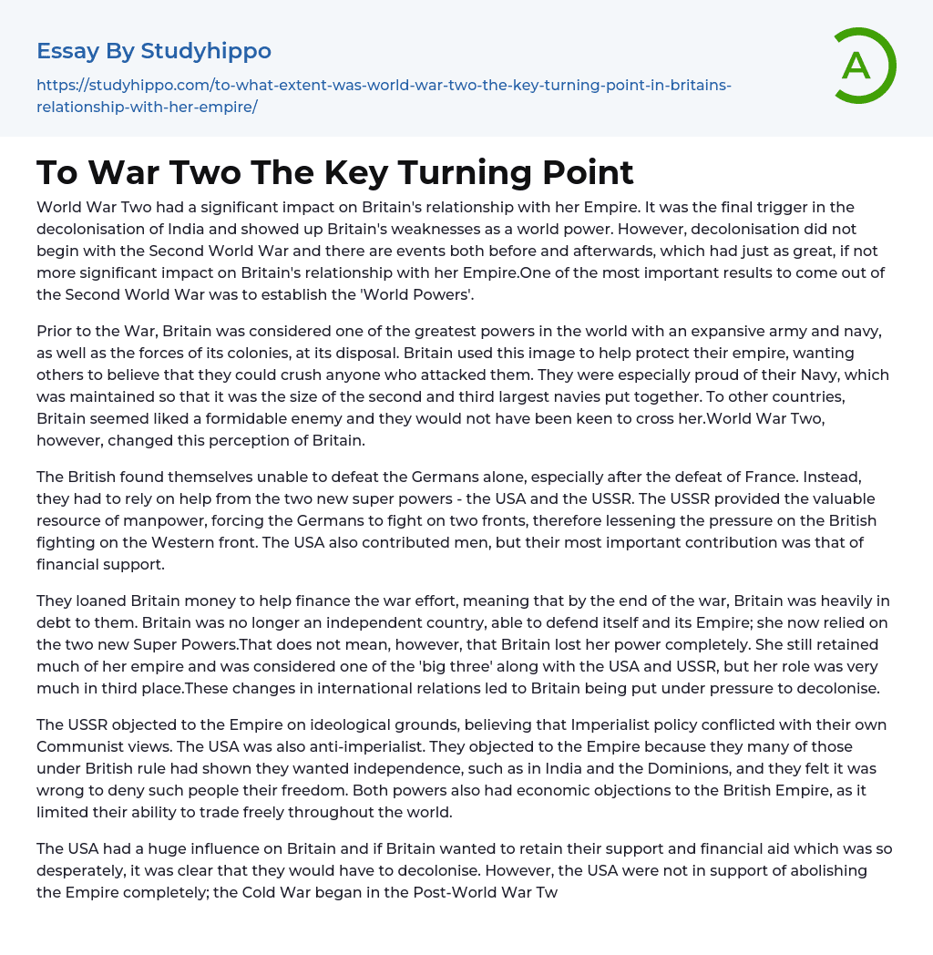 To War Two The Key Turning Point Essay Example