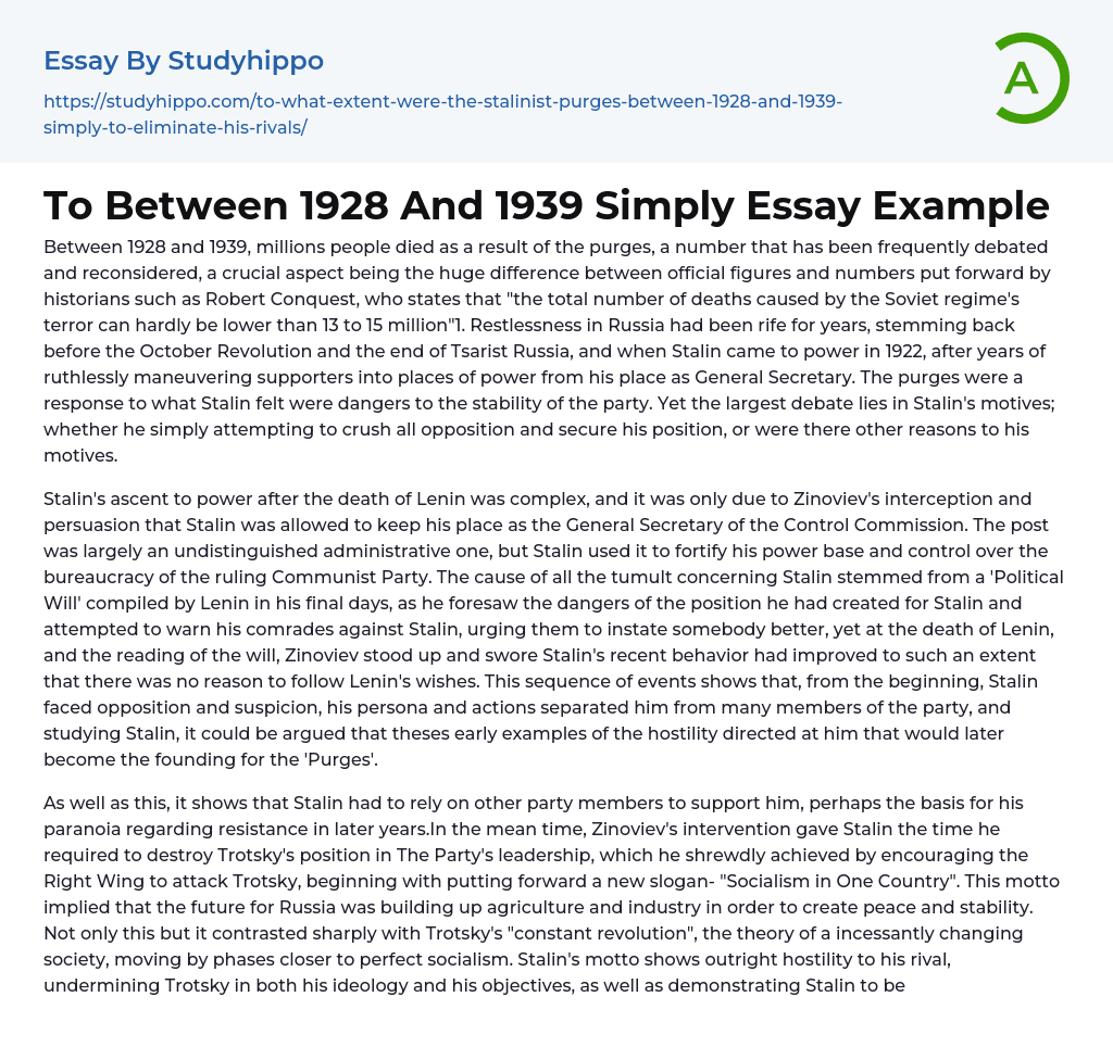 To Between 1928 And 1939 Simply Essay Example