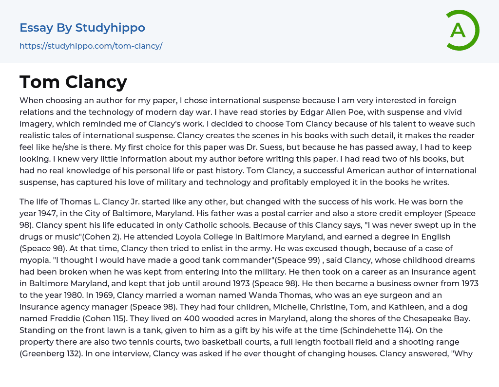 Tom Clancy Essay Example