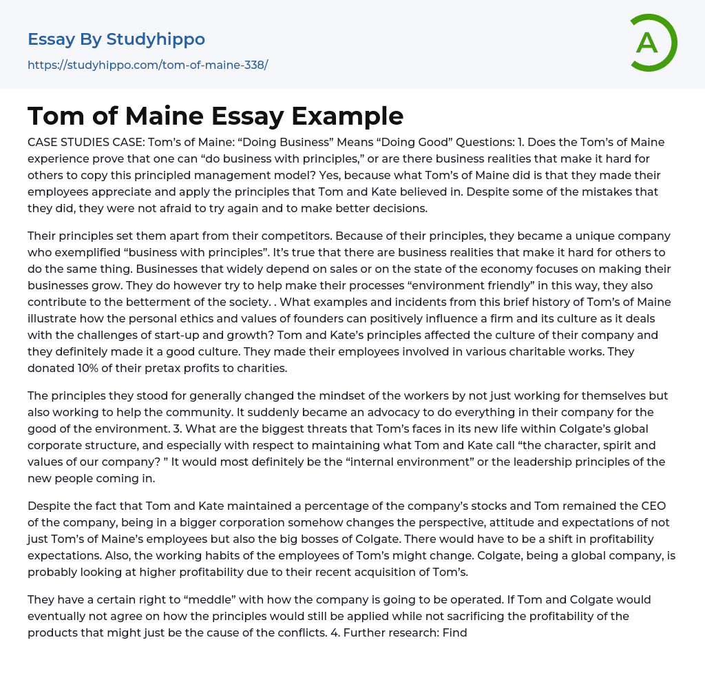 Tom of Maine Essay Example