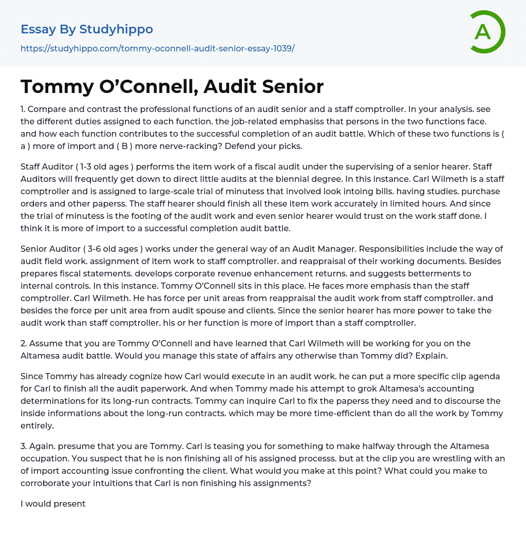 Tommy O’Connell, Audit Senior Essay Example