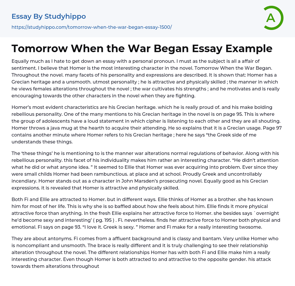 Tomorrow When the War Began Essay Example