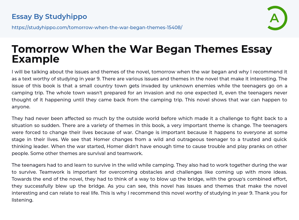 Tomorrow When the War Began Themes Essay Example