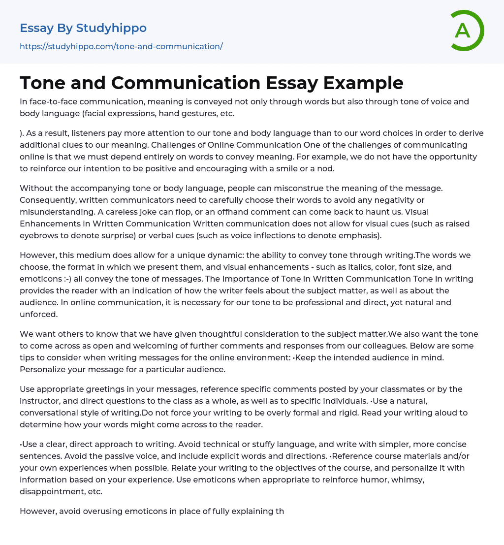 Tone and Communication Essay Example