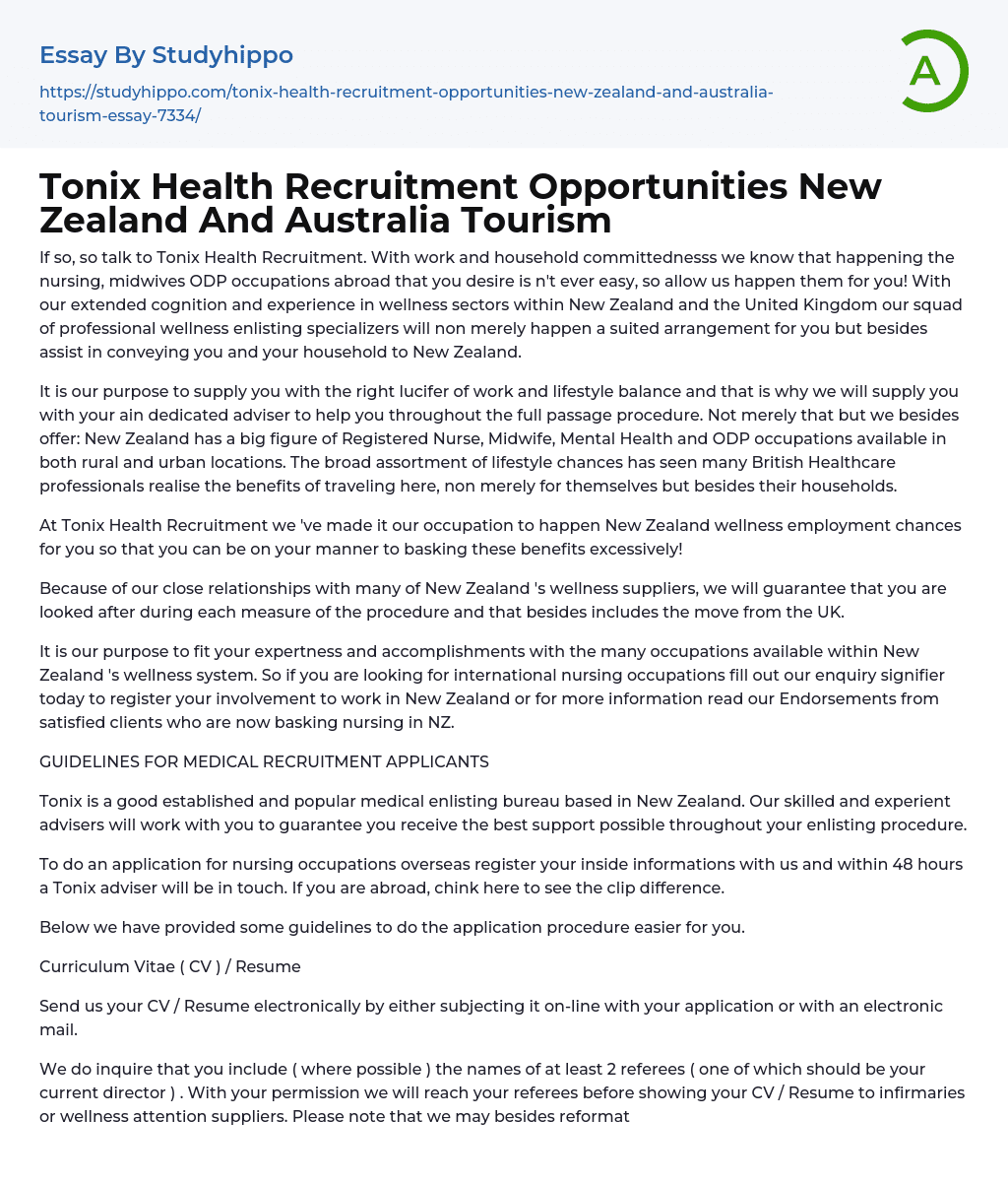 Tonix Health Recruitment Opportunities New Zealand And Australia Tourism Essay Example