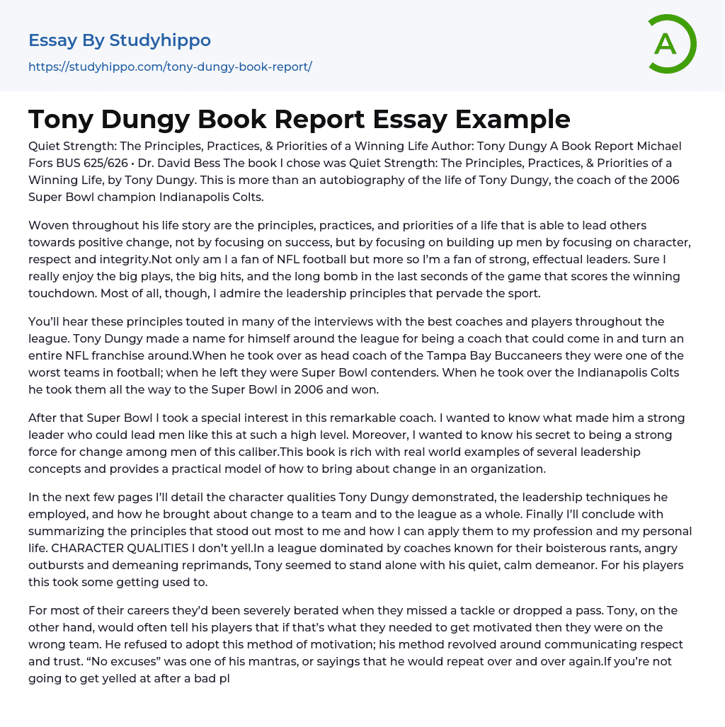 Tony Dungy Book Report Essay Example