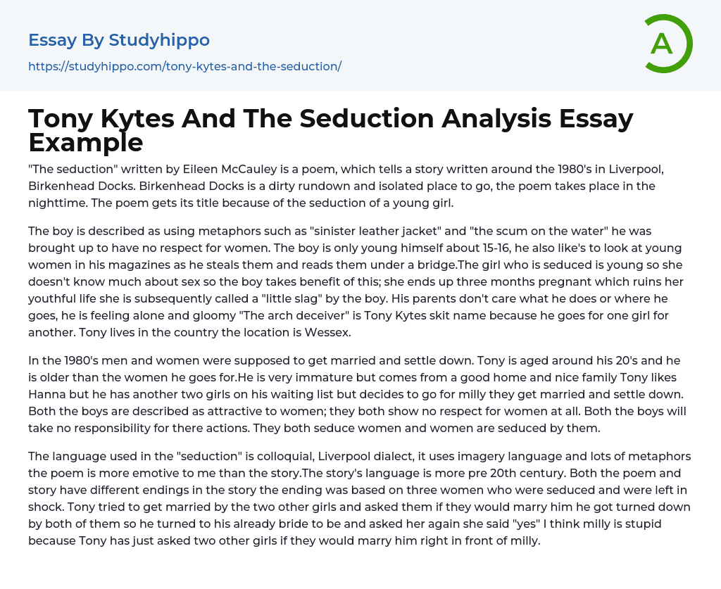 Tony Kytes And The Seduction Analysis Essay Example