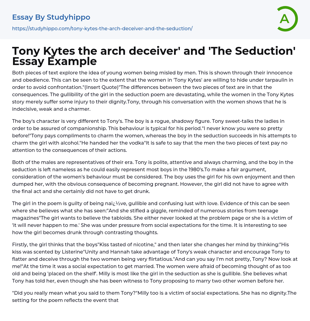 Tony Kytes the arch deceiver’ and ‘The Seduction’ Essay Example