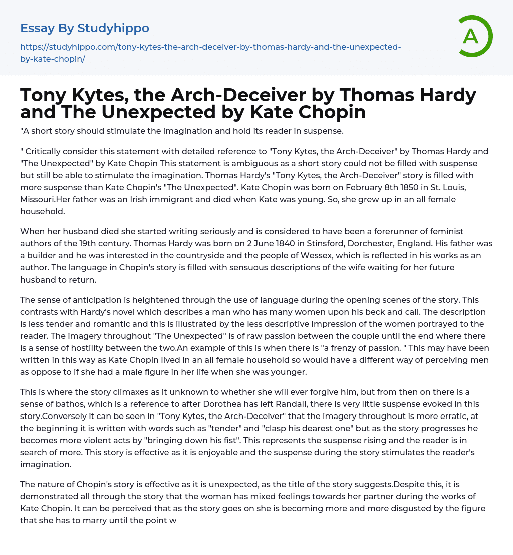 Tony Kytes, the Arch-Deceiver by Thomas Hardy and The Unexpected by Kate Chopin Essay Example