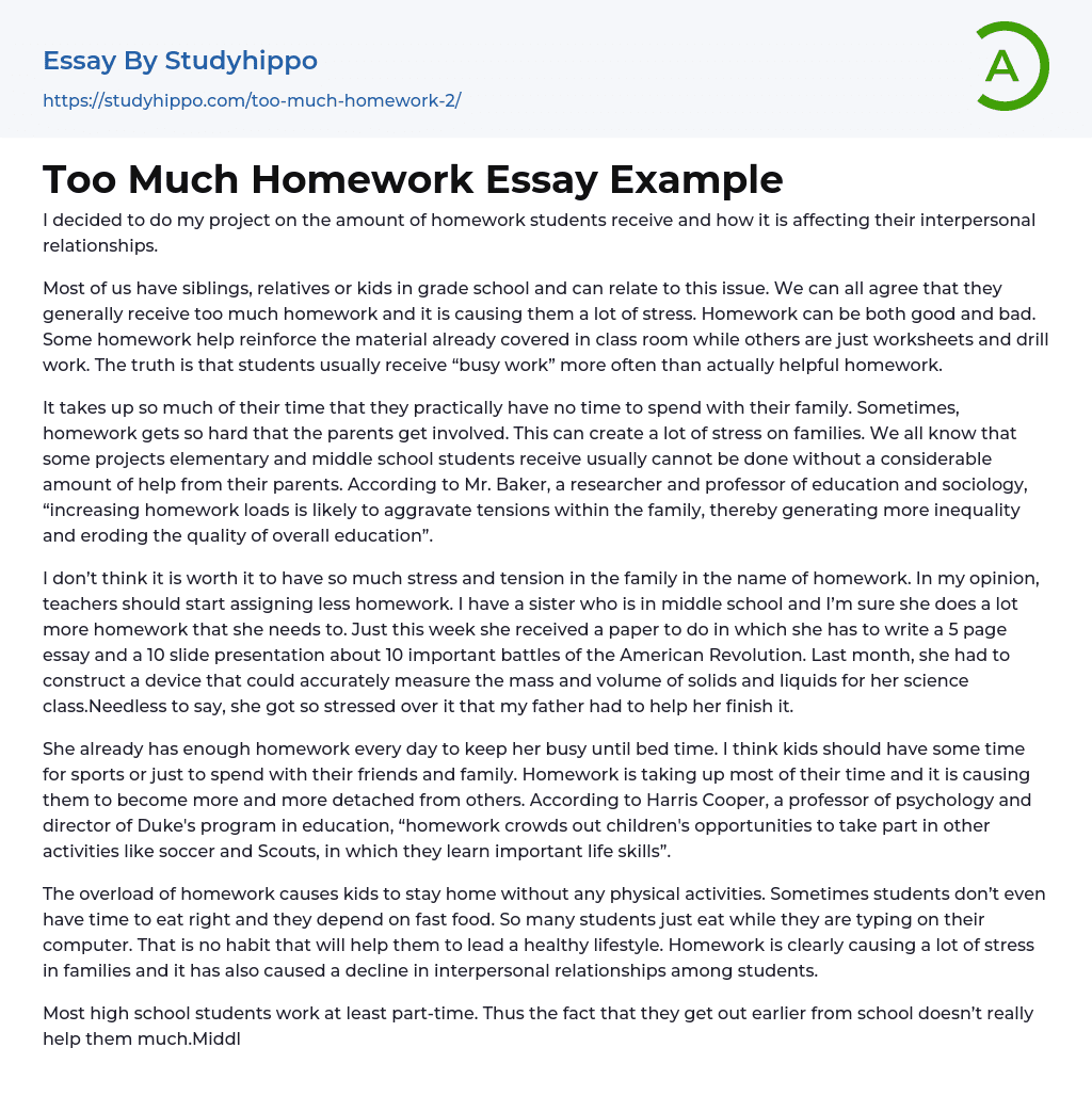 Too Much Homework Essay Example