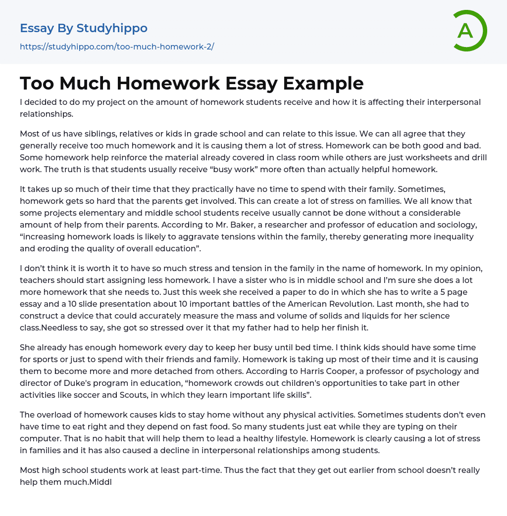 do teachers assign too much homework essay