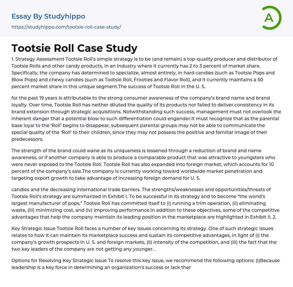 Tootsie Roll Case Study Essay Example