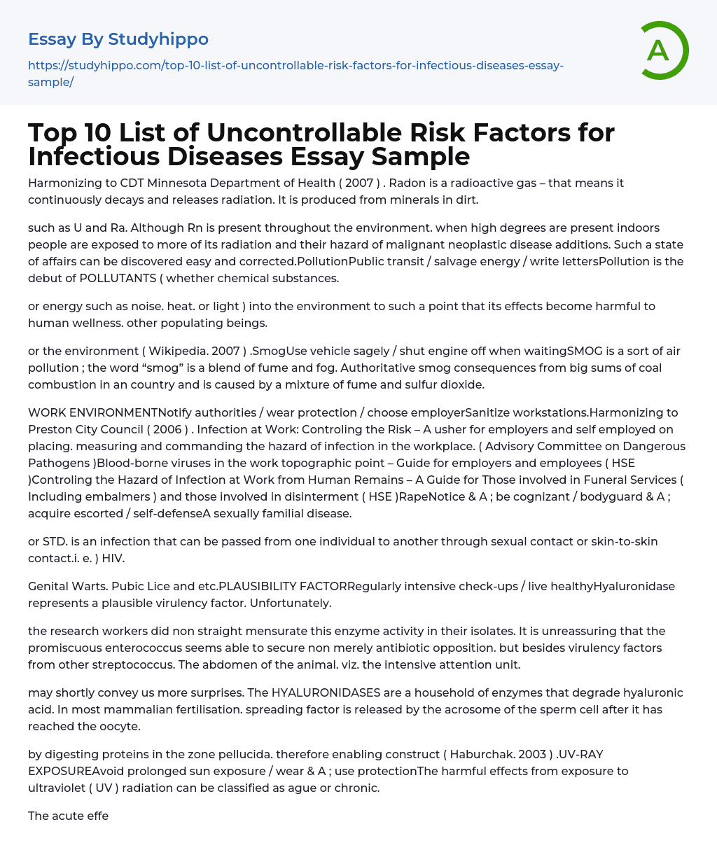 Top 10 List of Uncontrollable Risk Factors for Infectious Diseases Essay Sample