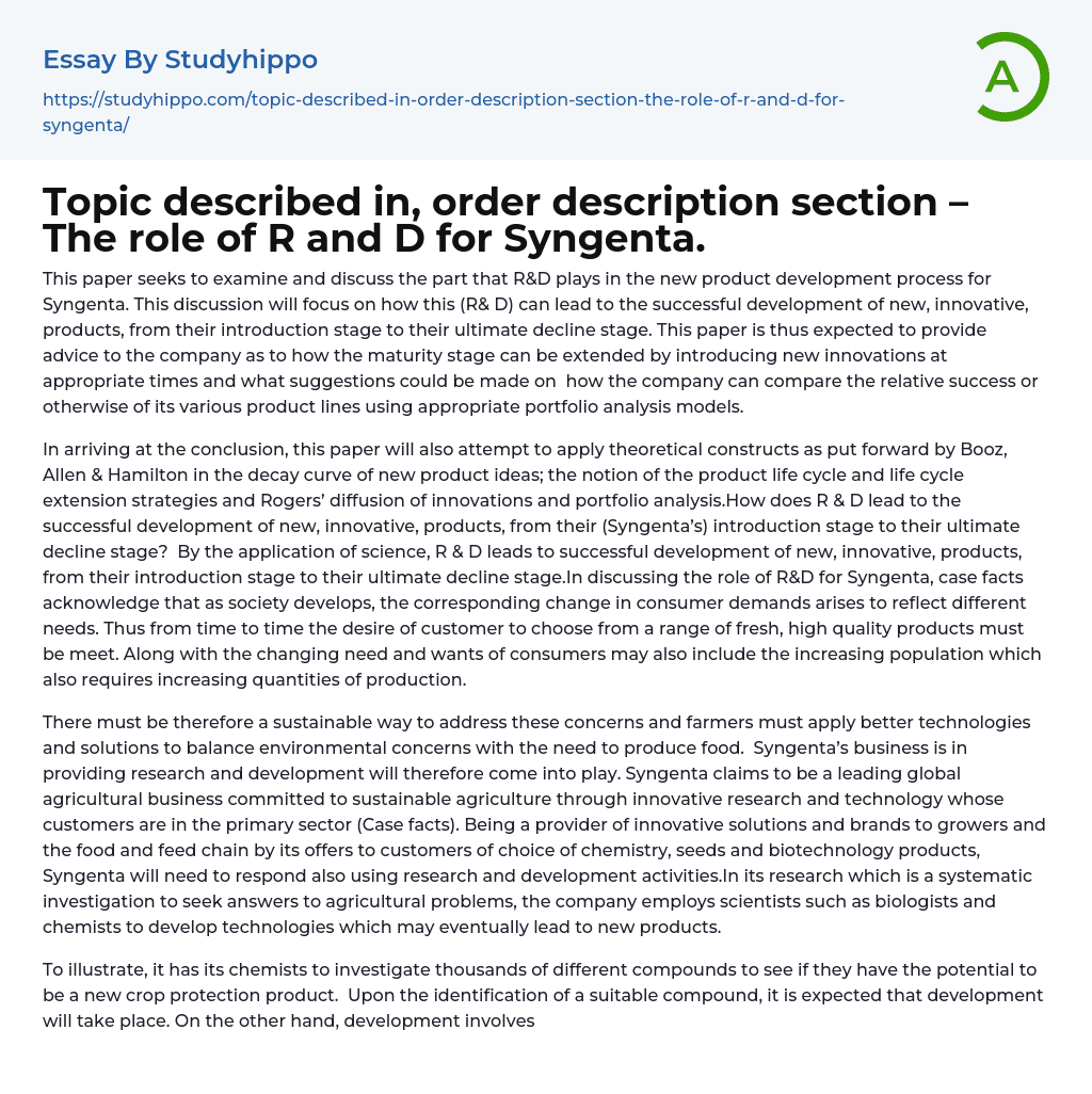 Topic described in, order description section – The role of R and D for Syngenta. Essay Example