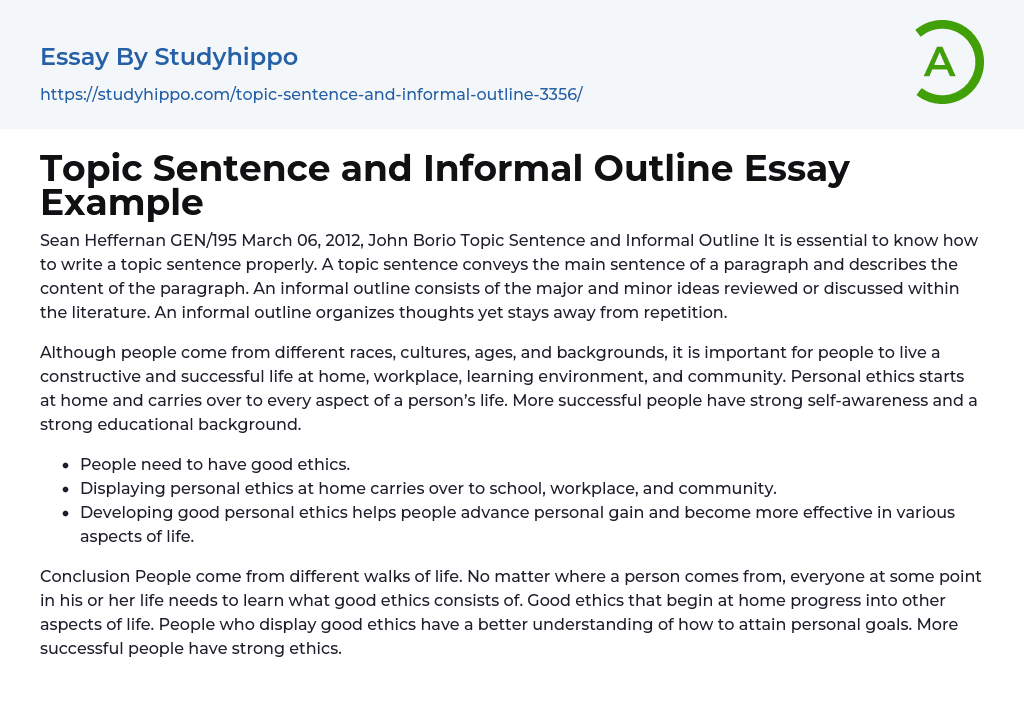 Topic Sentence and Informal Outline Essay Example