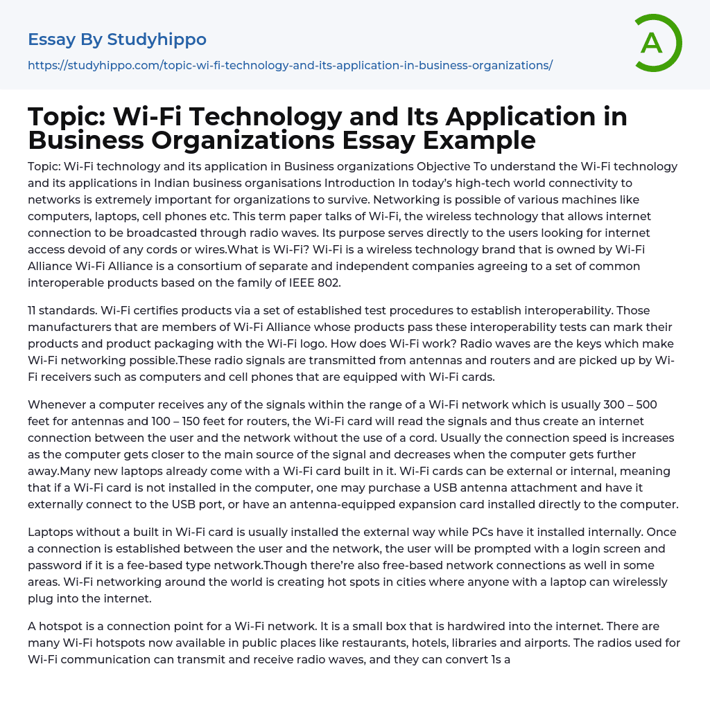 Topic: Wi-Fi Technology and Its Application in Business Organizations Essay Example