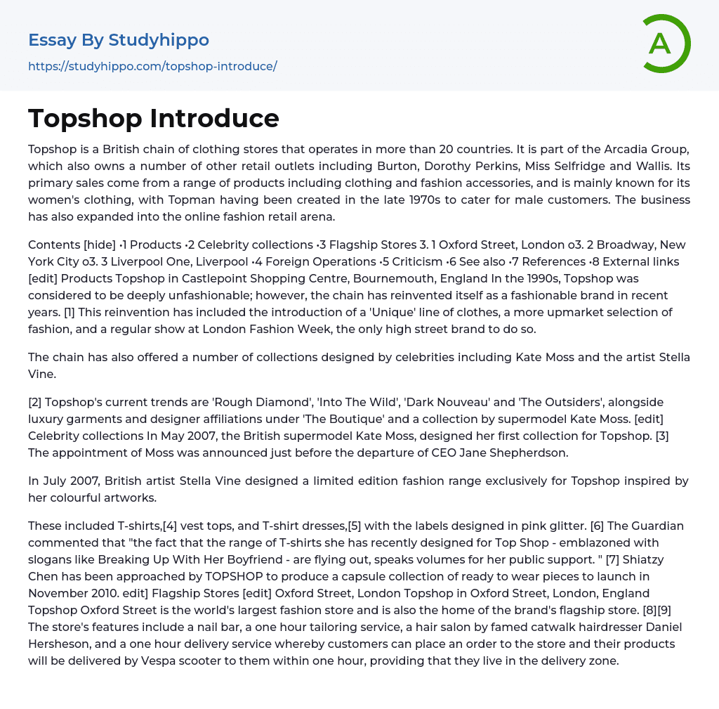 Topshop Introduce Essay Example