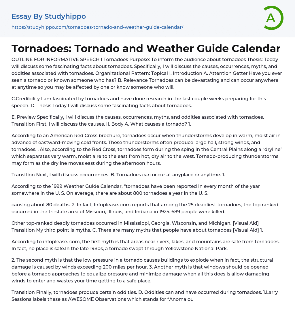 Tornadoes: Tornado and Weather Guide Calendar Essay Example