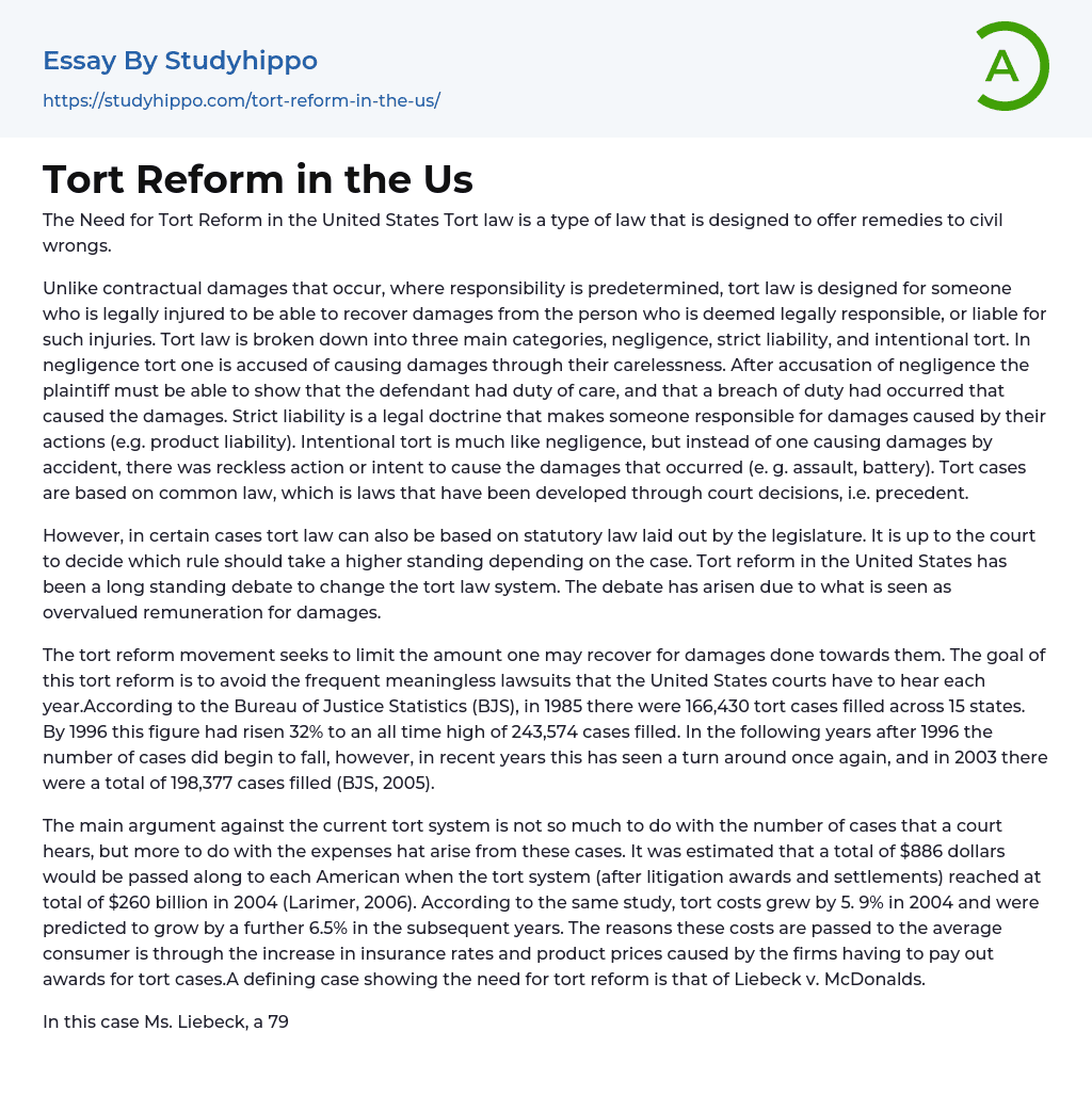 Tort Reform in the Us Essay Example