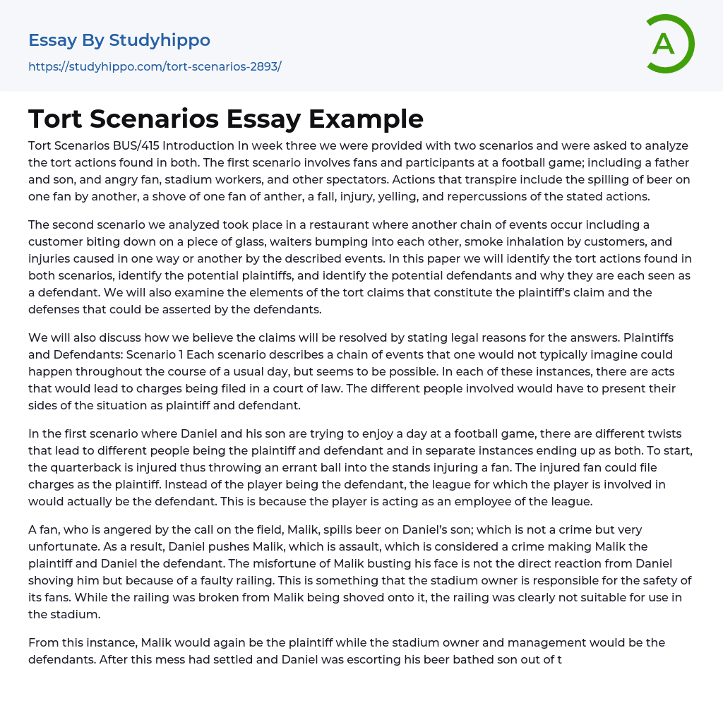 Tort Scenarios Essay Example