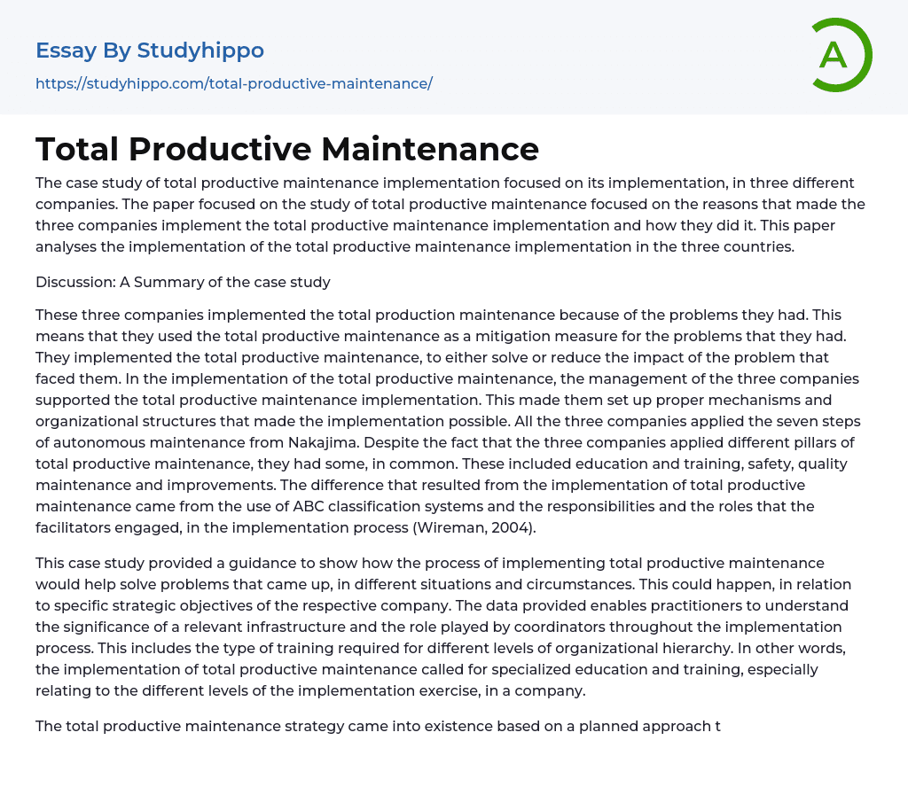Total Productive Maintenance Essay Example