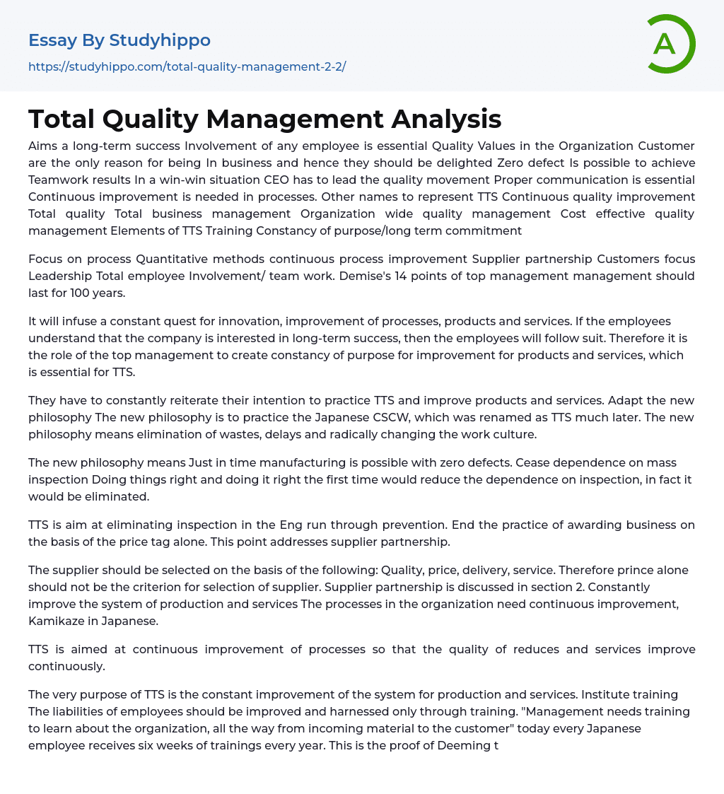 Total Quality Management Analysis Essay Example