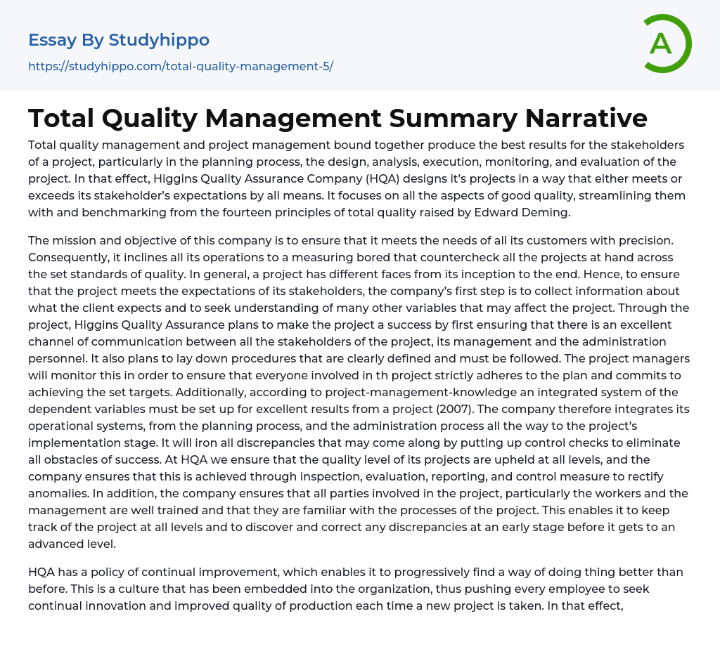Total Quality Management Summary Narrative Essay Example